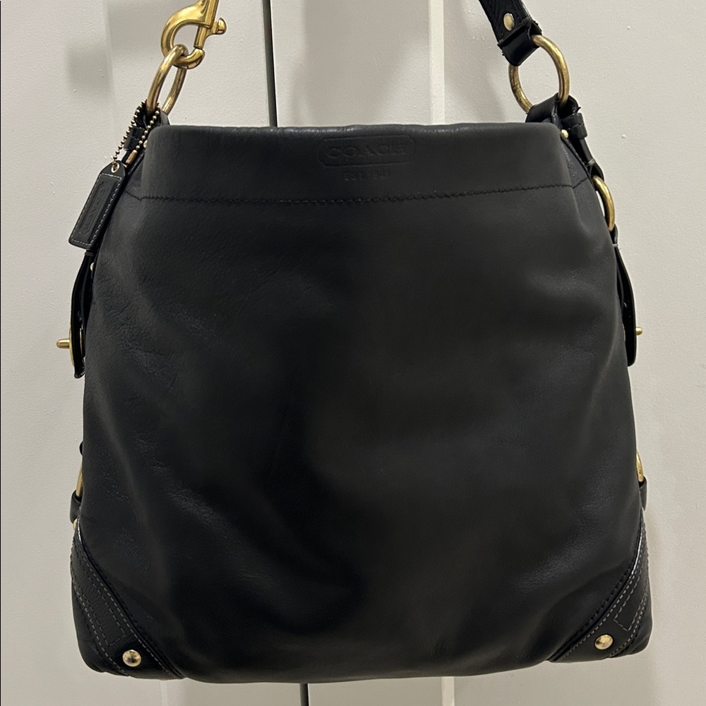 Coach Carly Hobo Bag in Black Leather with Gold Hardware & Turnlocks
